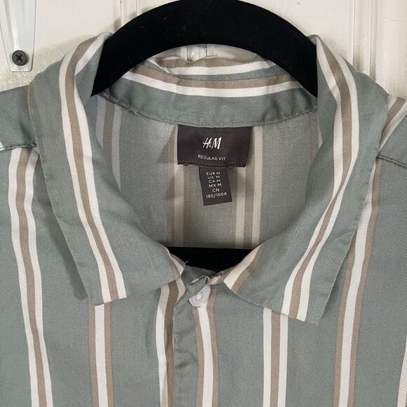 H&M Men's Green White Regular Fit Vertical Stripe Button Down Preppy Shirt Sz M - Picture 4 of 8
